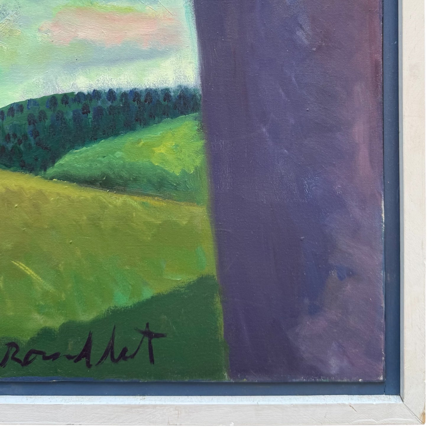 Exaggerated Figure with Red Necklace  in Bucolic Landscape/  Original Vintage Wood Frame