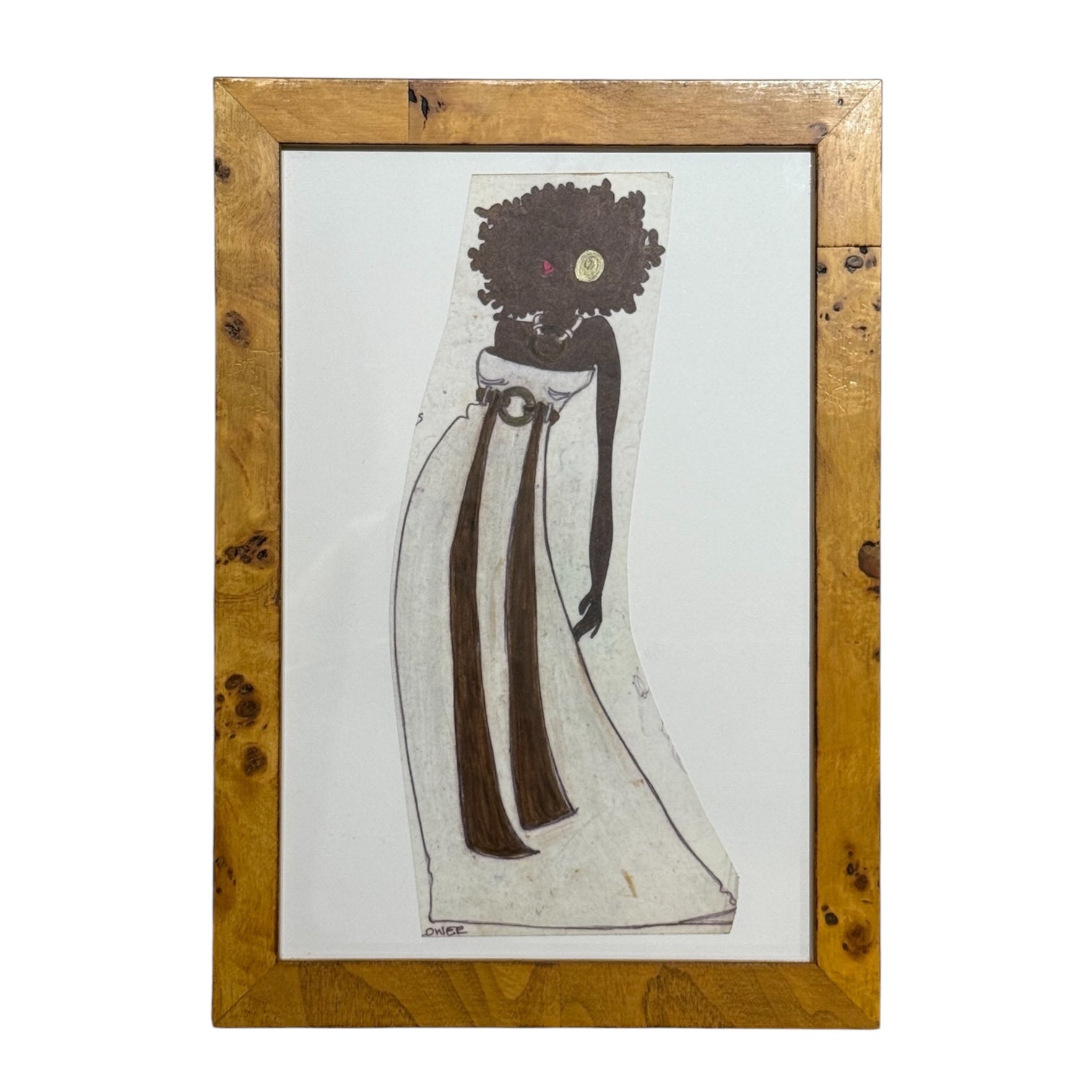 Vintage Fashion Illustration in Olivewood Burl Frame / No. 6