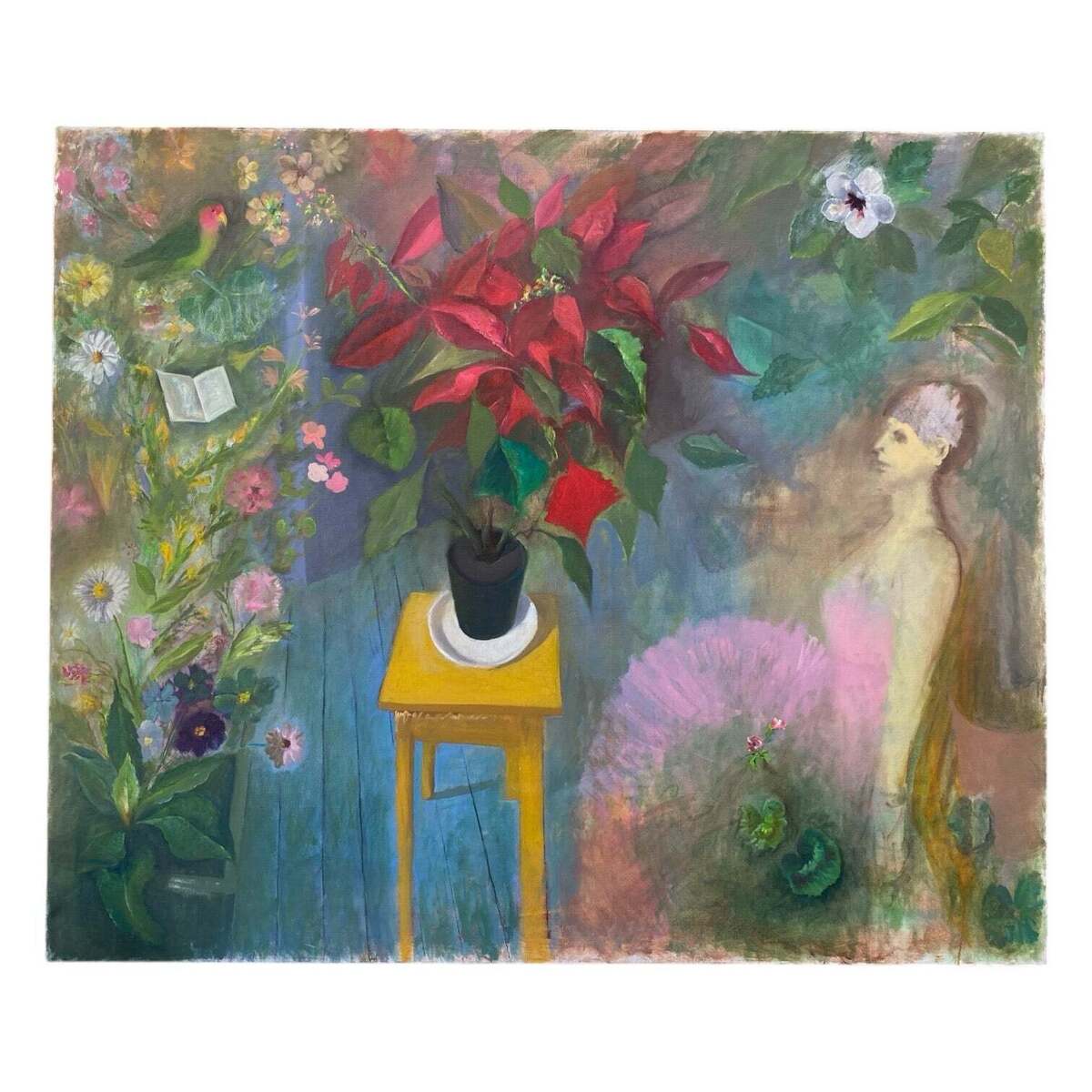 Oversized Vintage Figurative and Floral Painting, Woman Seated in Garden Setting