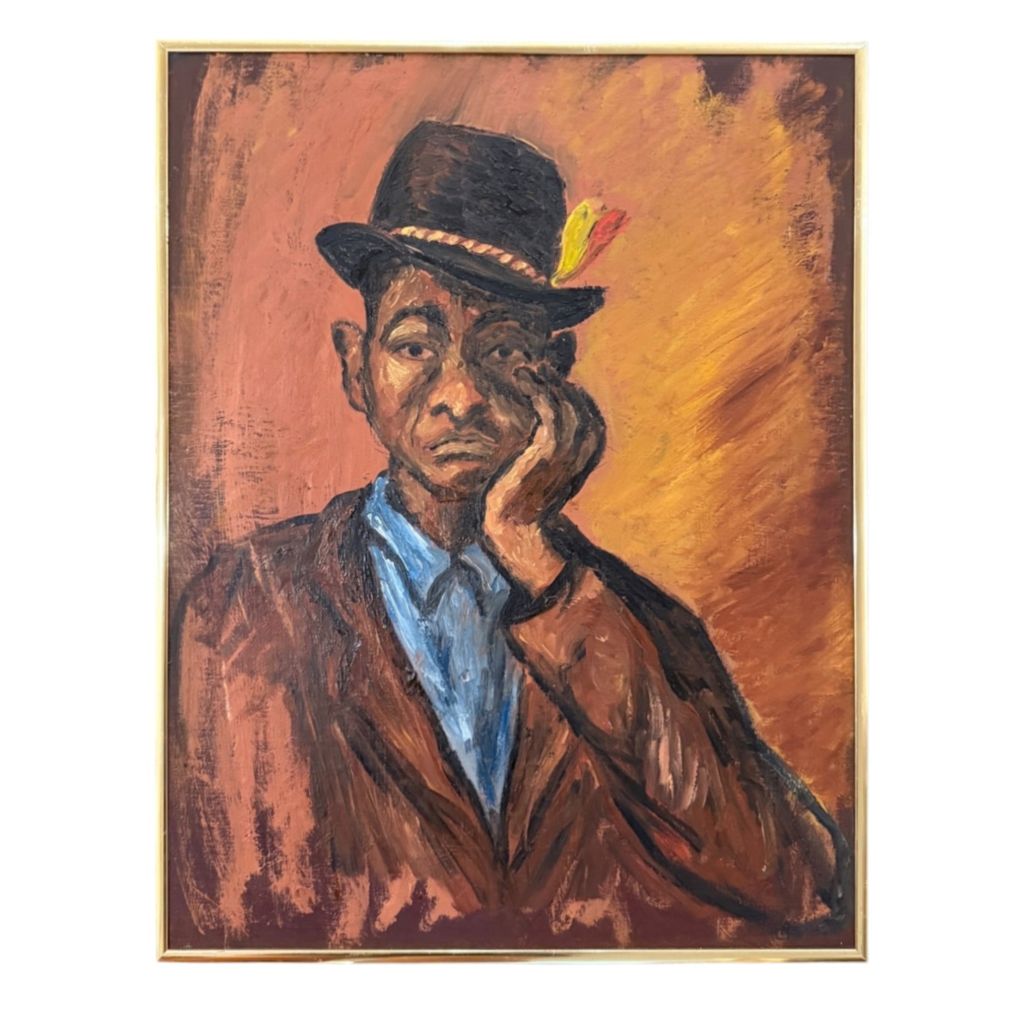 Painting of a Dapper Black Man in Fedora with Feather Original Metal Frame