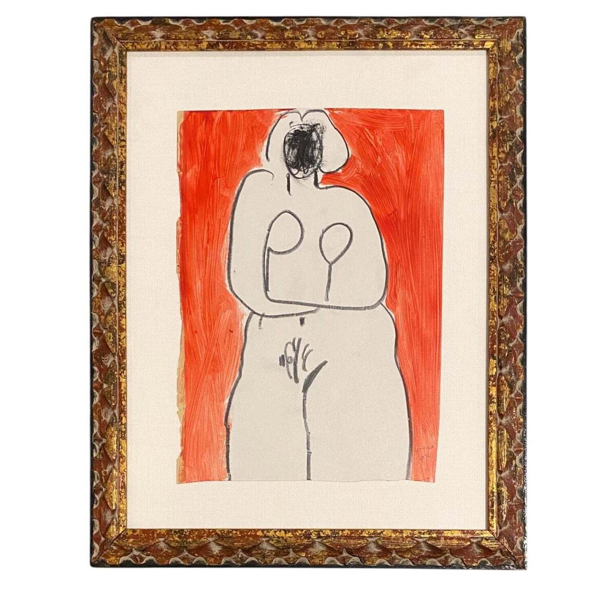 1962 Oil Painting on Paper of Nude Figure Presented in Antique Hand-Carved Gilt Frame