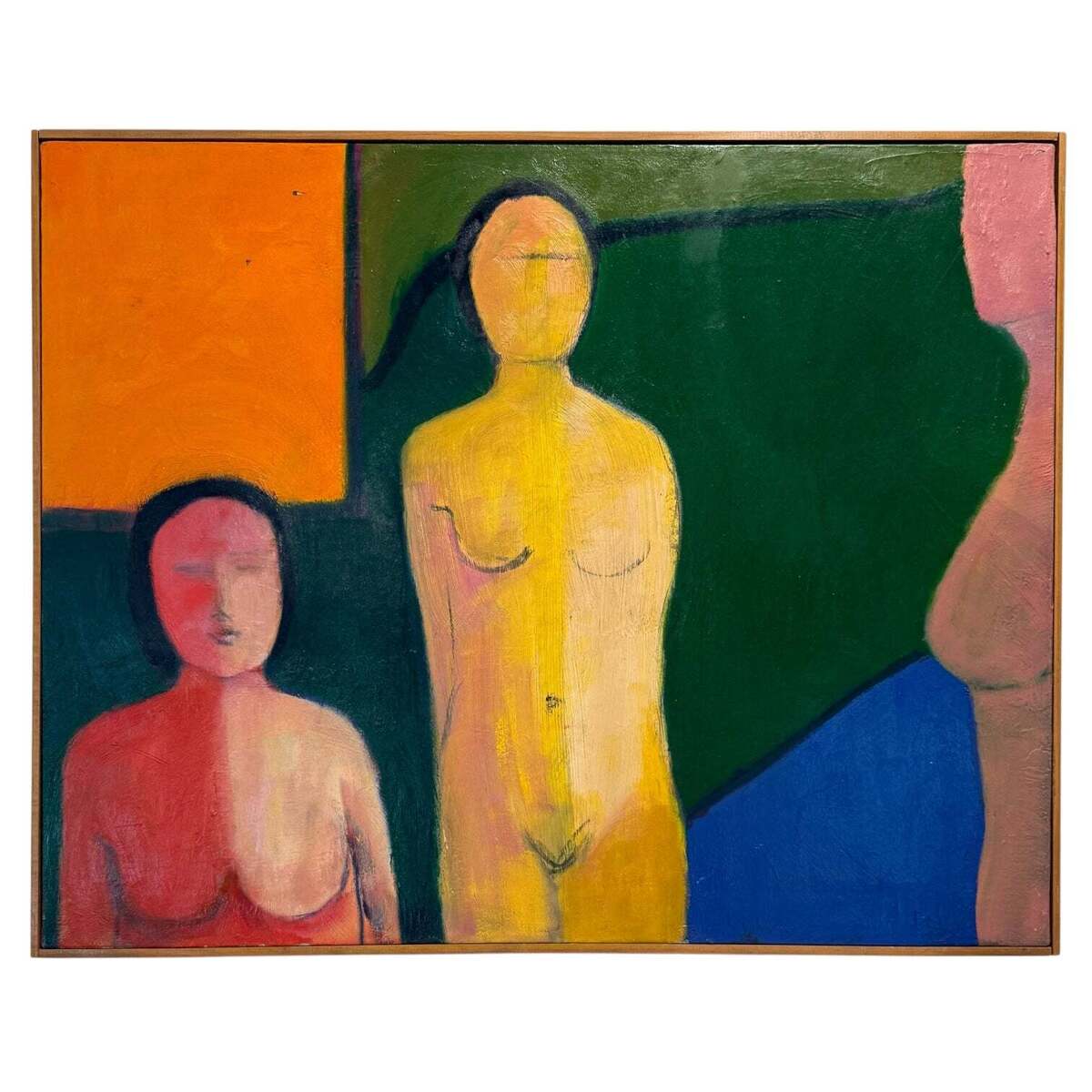 Colorful Minimalist Figurative Oil Painting in Original Lathe Frame