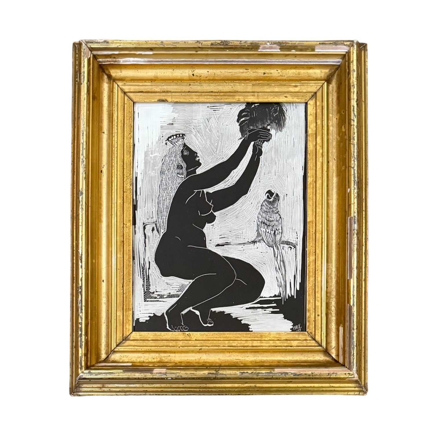 Woman and Parrot Painting in 19th Century Gilt Wood Frame