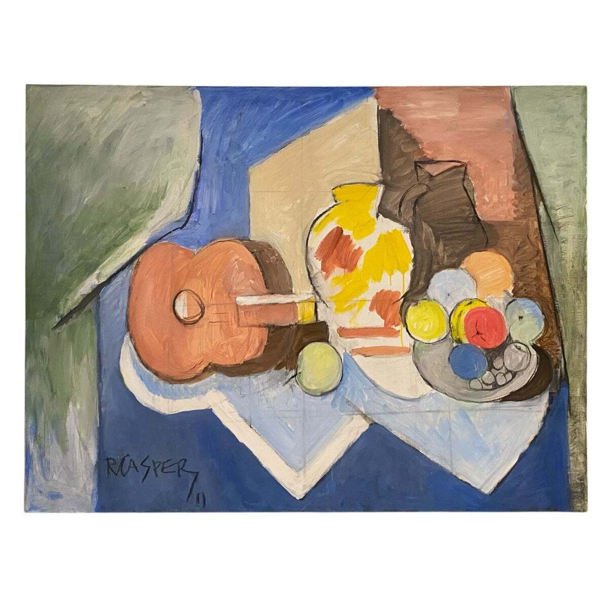 Large Vintage Still Life in Blues Greens Neutral