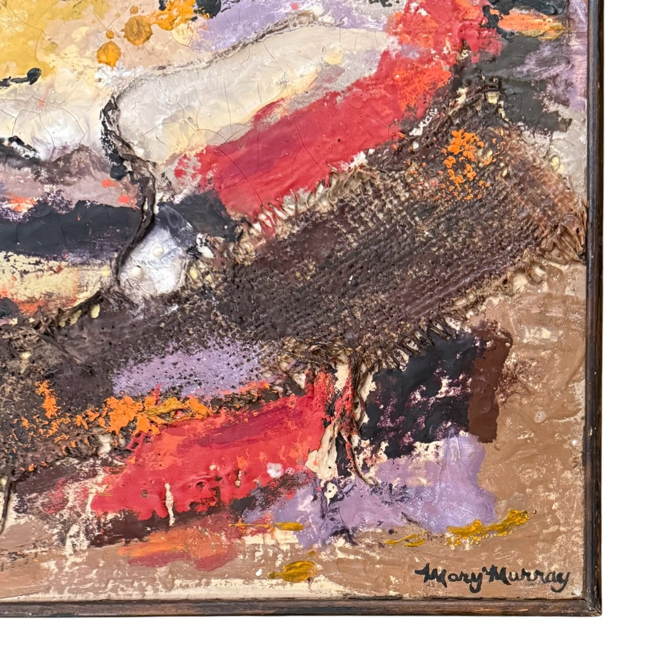 Bold Abstract Expressionist Mixed Media Painting with Heavy Impasto in Original Wood Frame