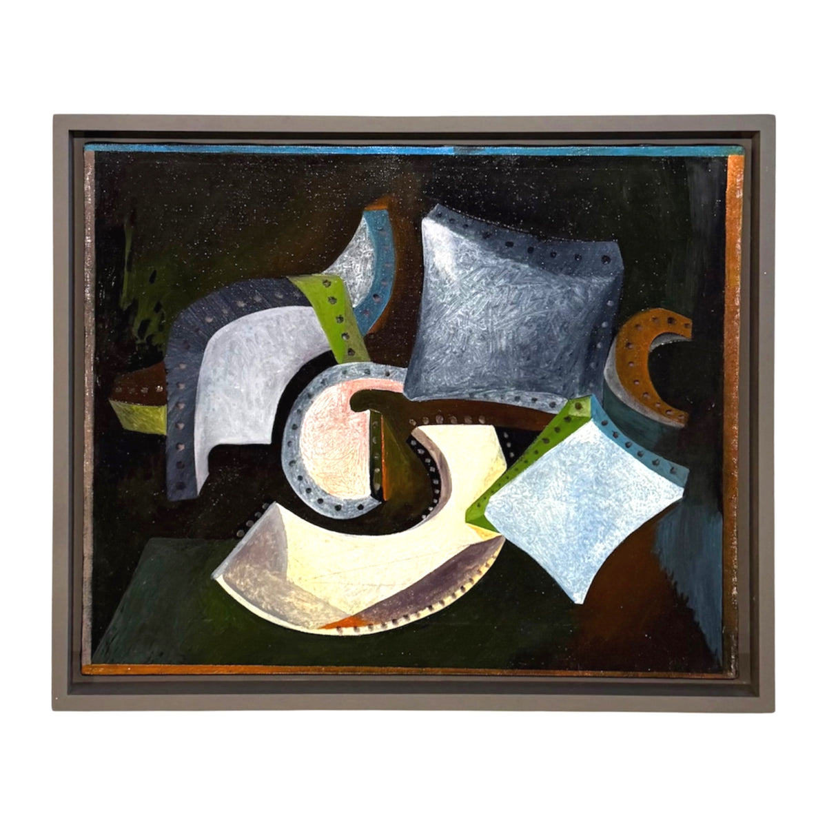 Dramatic  Grouping  of Riveted Shapes Oil Painting in Custom Float Frame