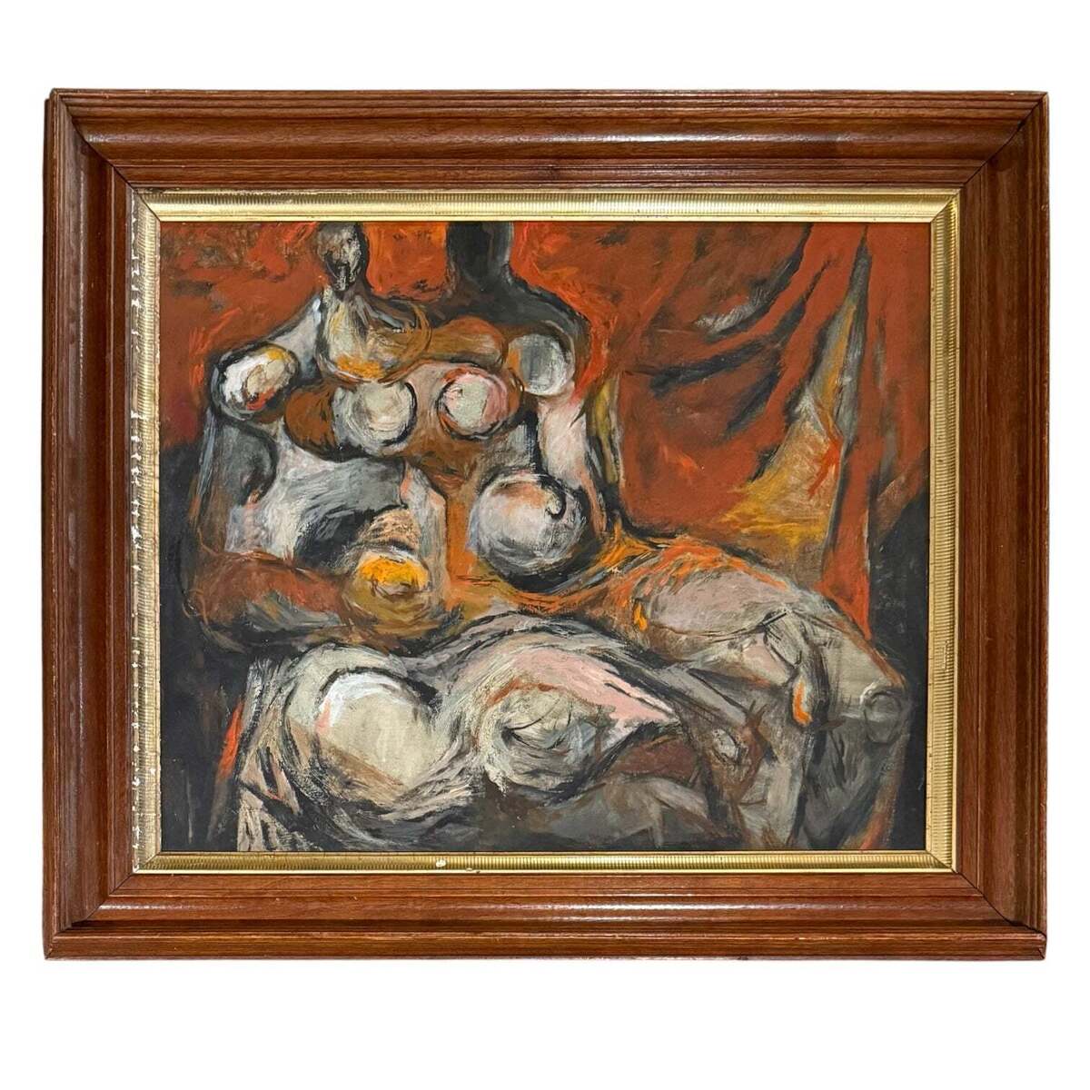 Abstracted Figurative Oil Painting in Warm Tones in Vintage Wood and Gilt Frame