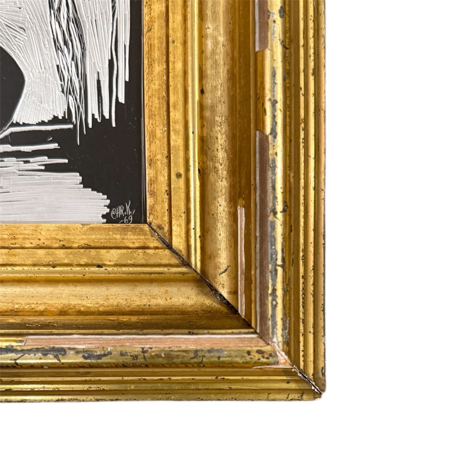 Woman and Parrot Painting in 19th Century Gilt Wood Frame