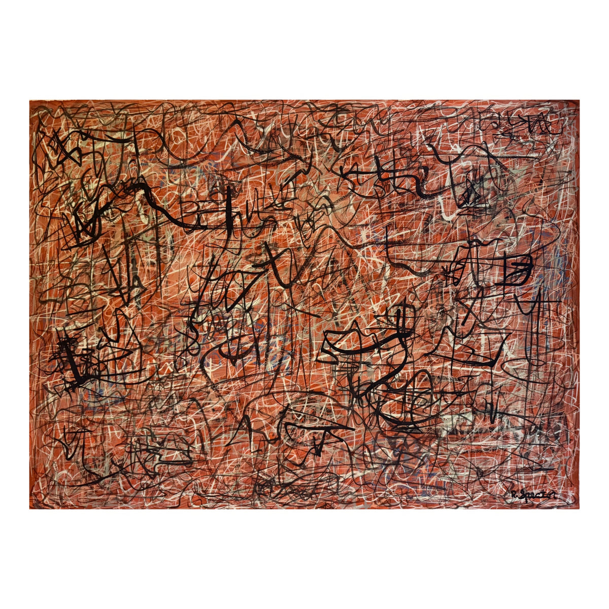 Large Energetic Abstraction  with Layered Mark Making in Black and White Over Rust Ground