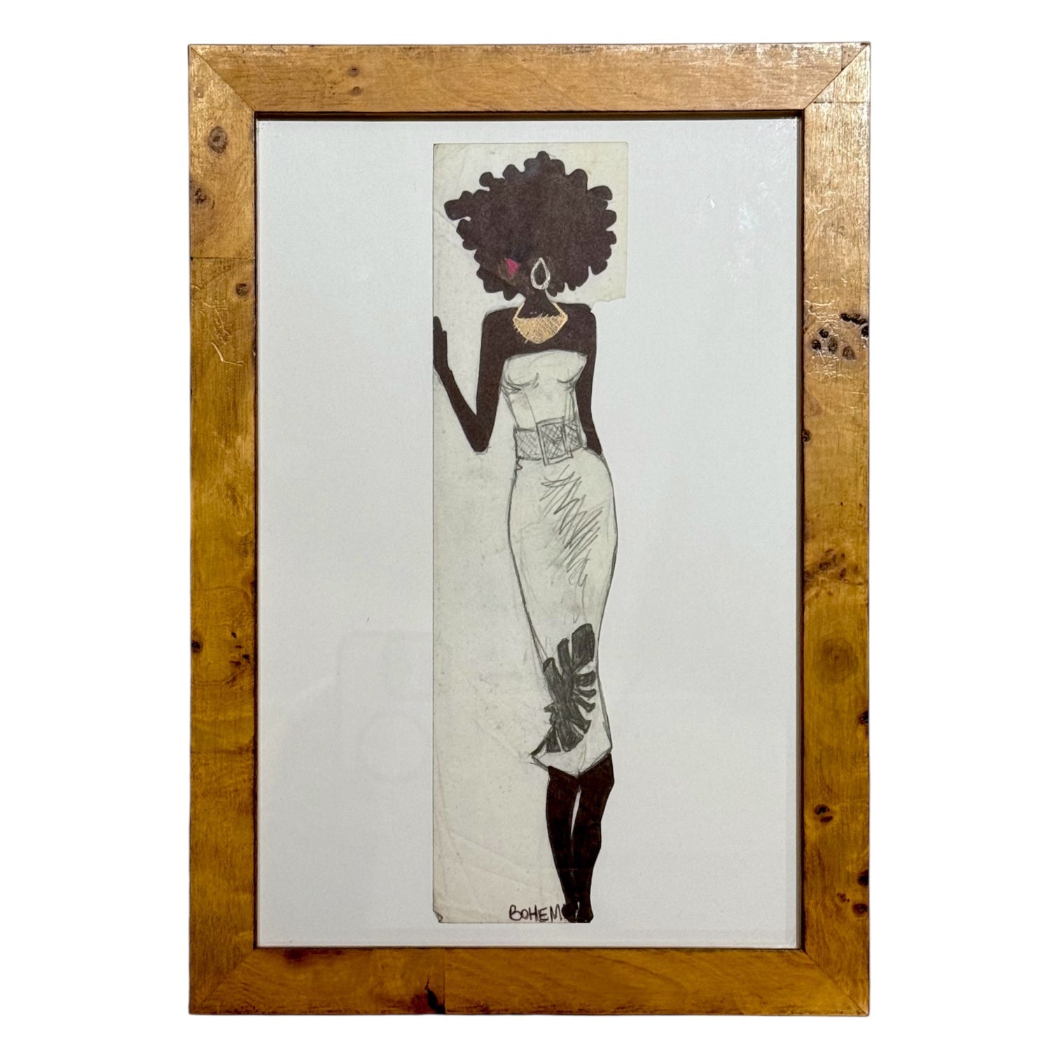 Vintage Fashion Illustration in Olivewood Burl Frame / No. 5