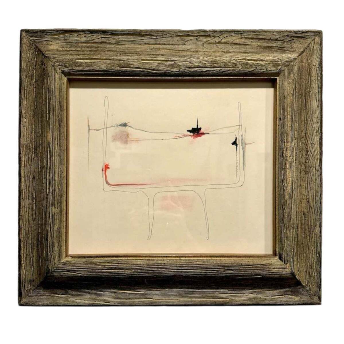 Abstract Painting / Drawing in Red and Black Presented in Heavy Vintage Wood Frame