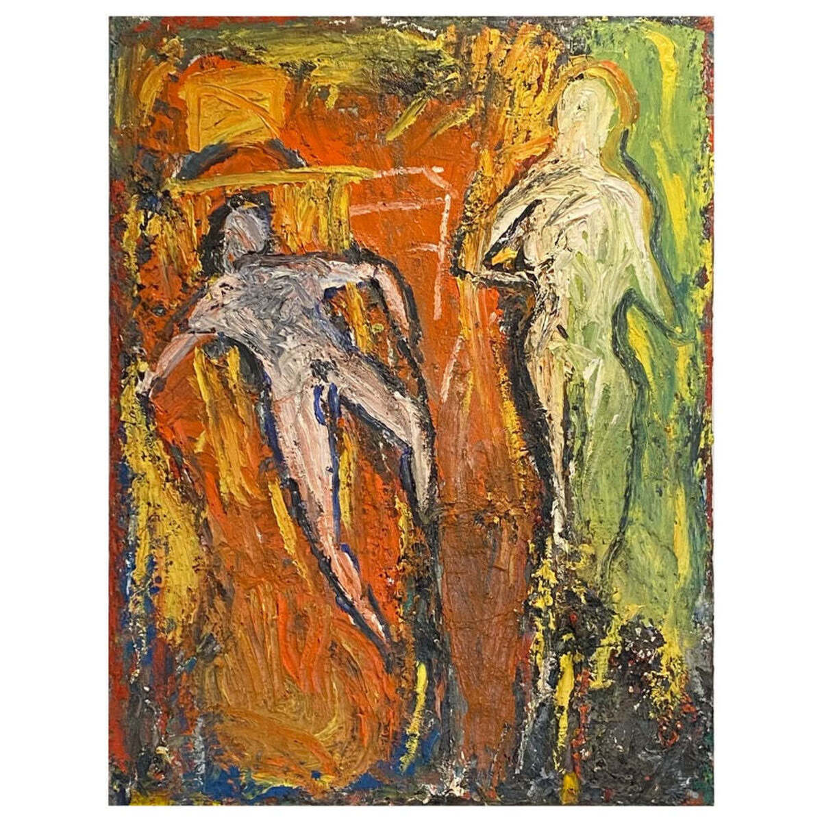 Bold Vibrant Heavily Textural Abstract of Two Figures