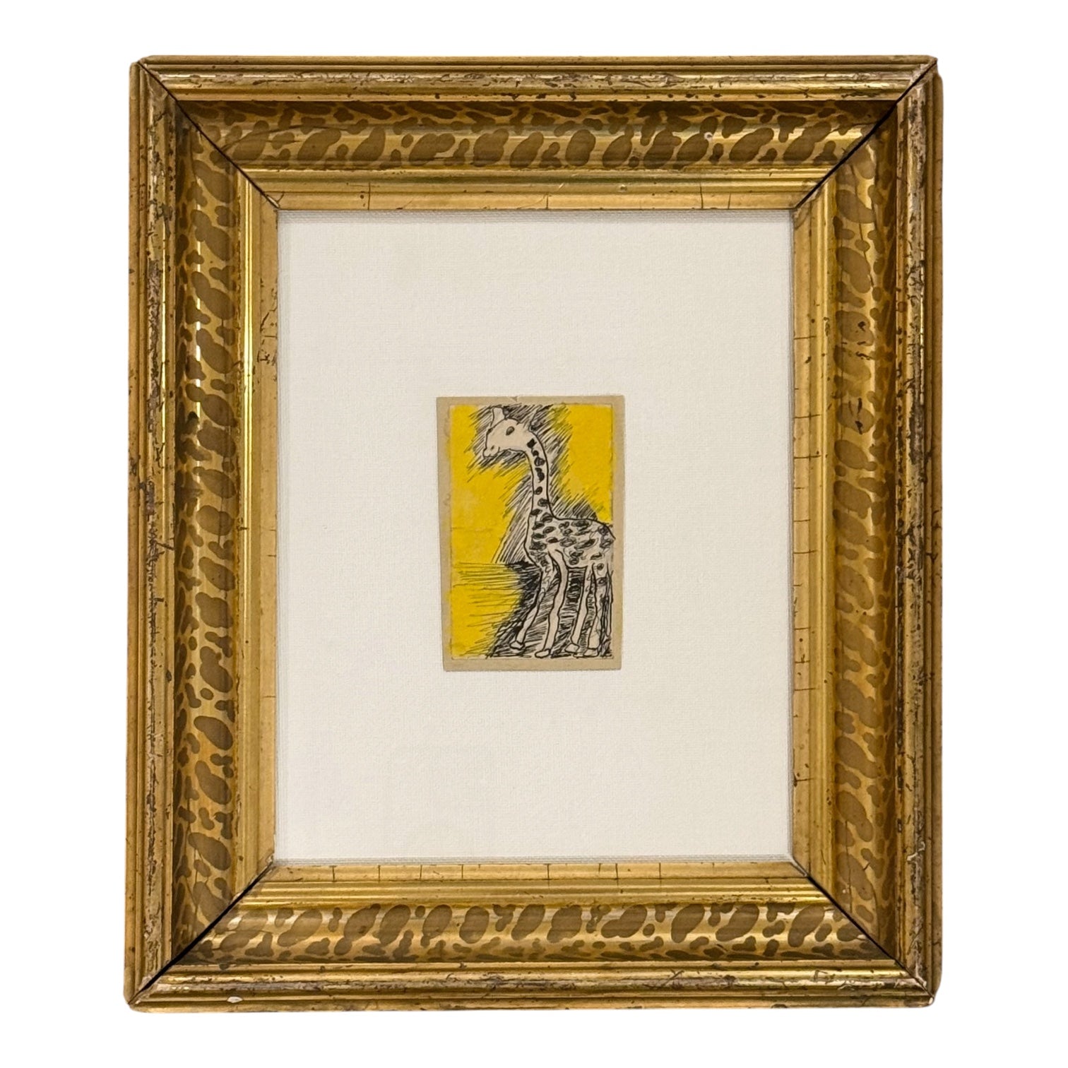 Mixed Media Painting of Giraffe Against Yellow Ground in 19th Century Stencil Gilt Frame
