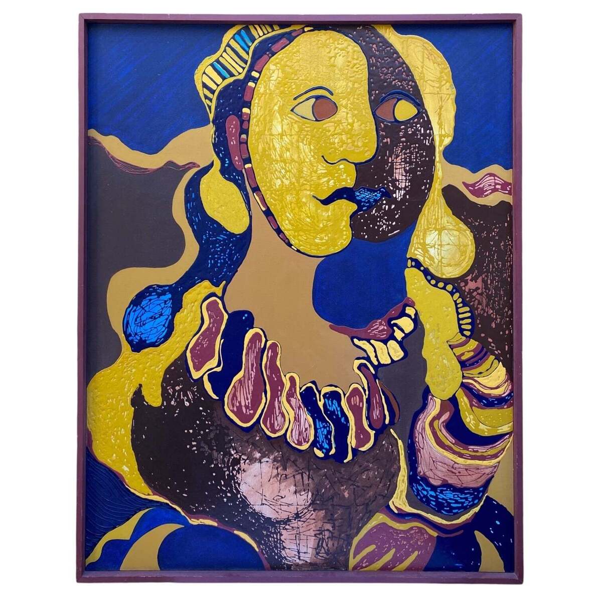 Monumental Vibrantly Colorful Figurative Mixed Media Painting in Wood Frame