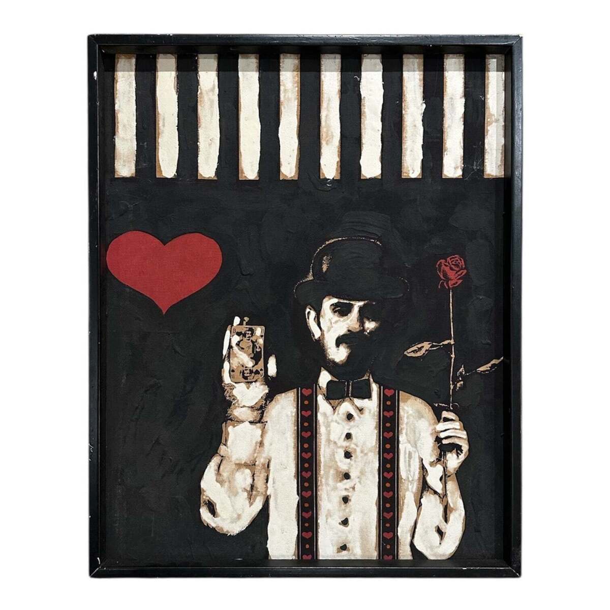 Painting with Magician in Suspenders with Playing Card and Rose Original Frame