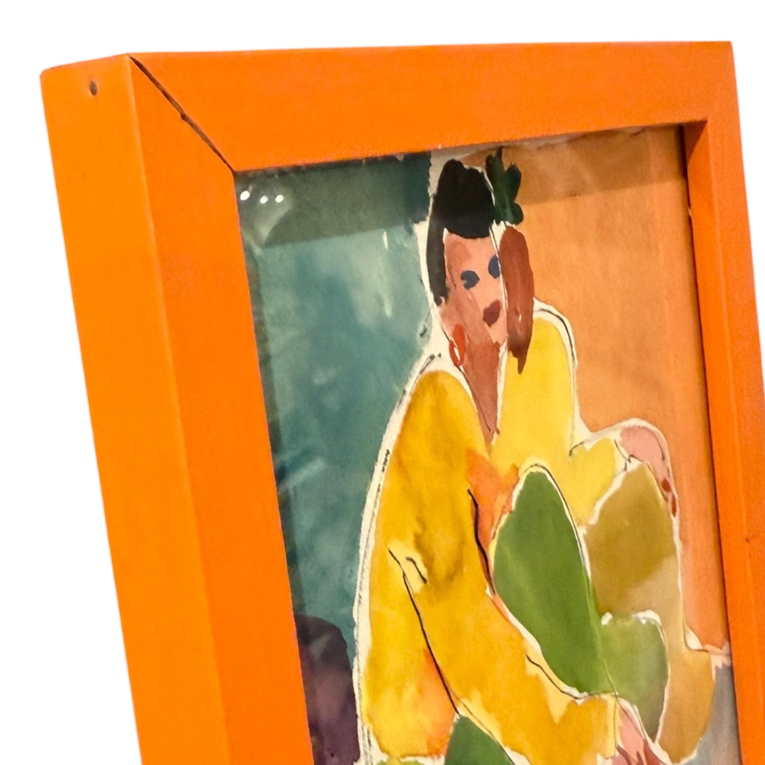 Color Blocked Watercolor of Stylish Seated Woman in Vintage Orange Wood Frame