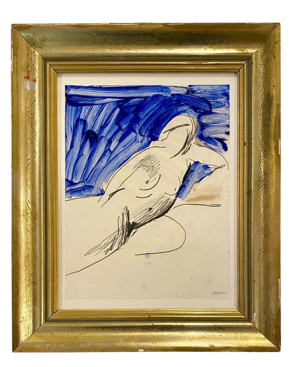 Abstract Figural Painting of Reclining Woman Against Blue Background