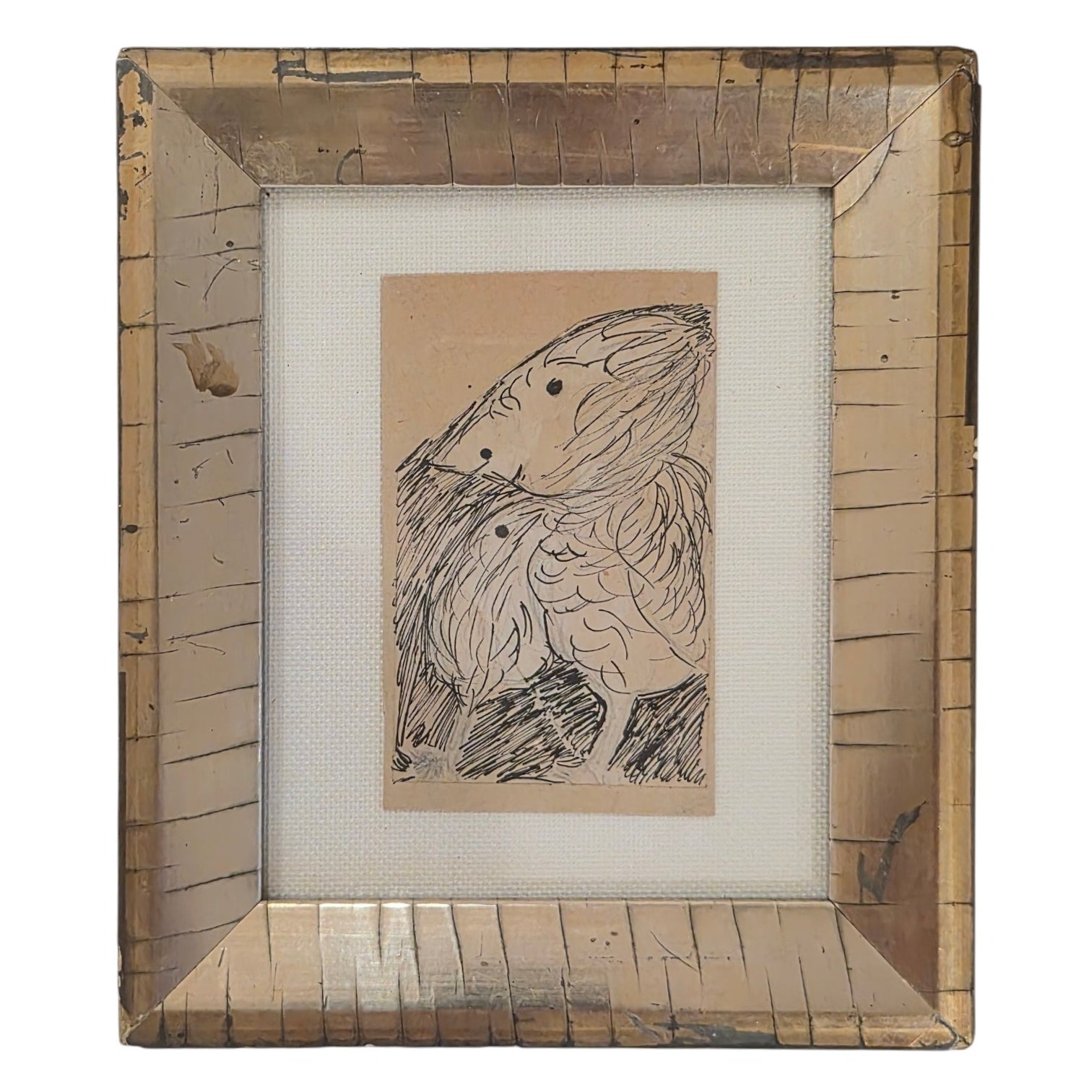 Ink Drawing of Fantastical Feathered Birds in 19th Century Gilt Frame