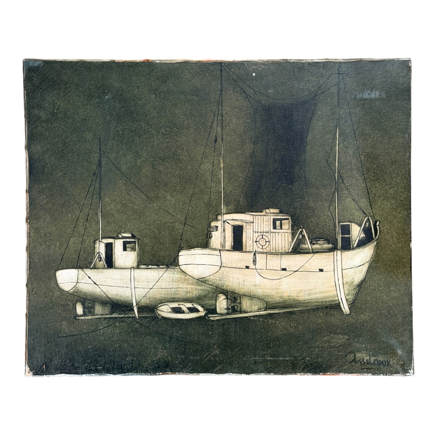 Minimalist Oil Painting of Fishing Vessels