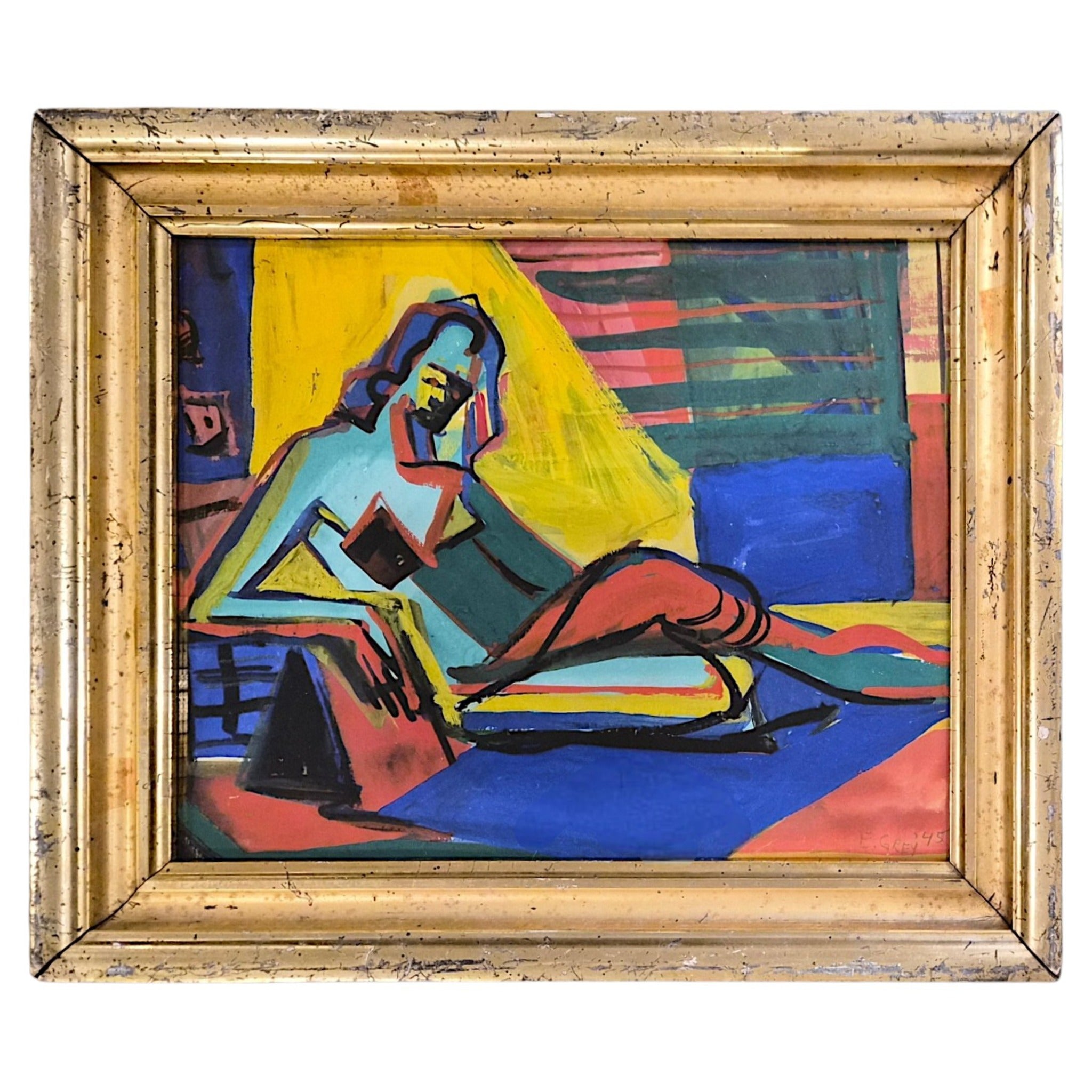 Early Cubist Figurative Portrait of Reclining Woman in 19th Century Lemon Gold Frame