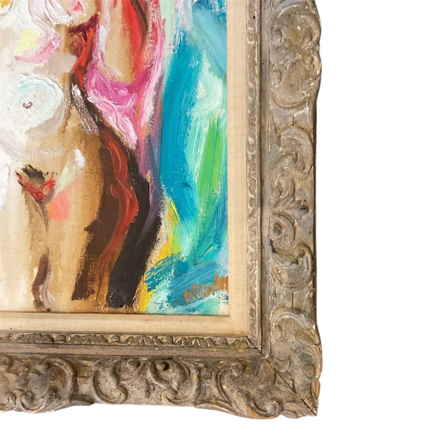 1960s Figurative Oil Painting with Heavy Impasto in Antique Carved  French Frame