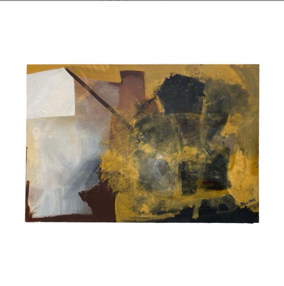 Oversized Abstract Oil on Canvas in Ochre, Black and White