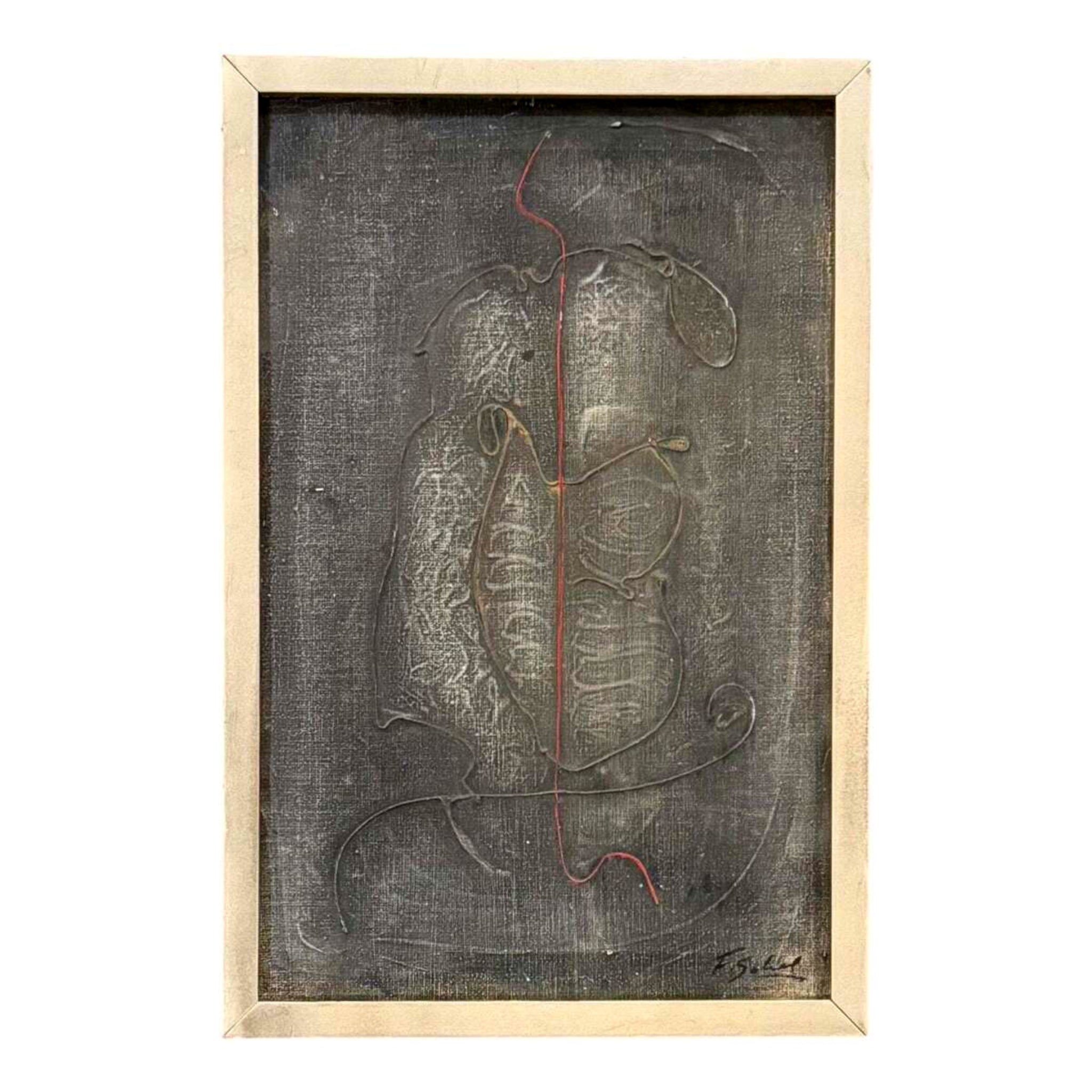 Oil Painting on Canvas with Debossed Areas in Gray in Original Wood Frame