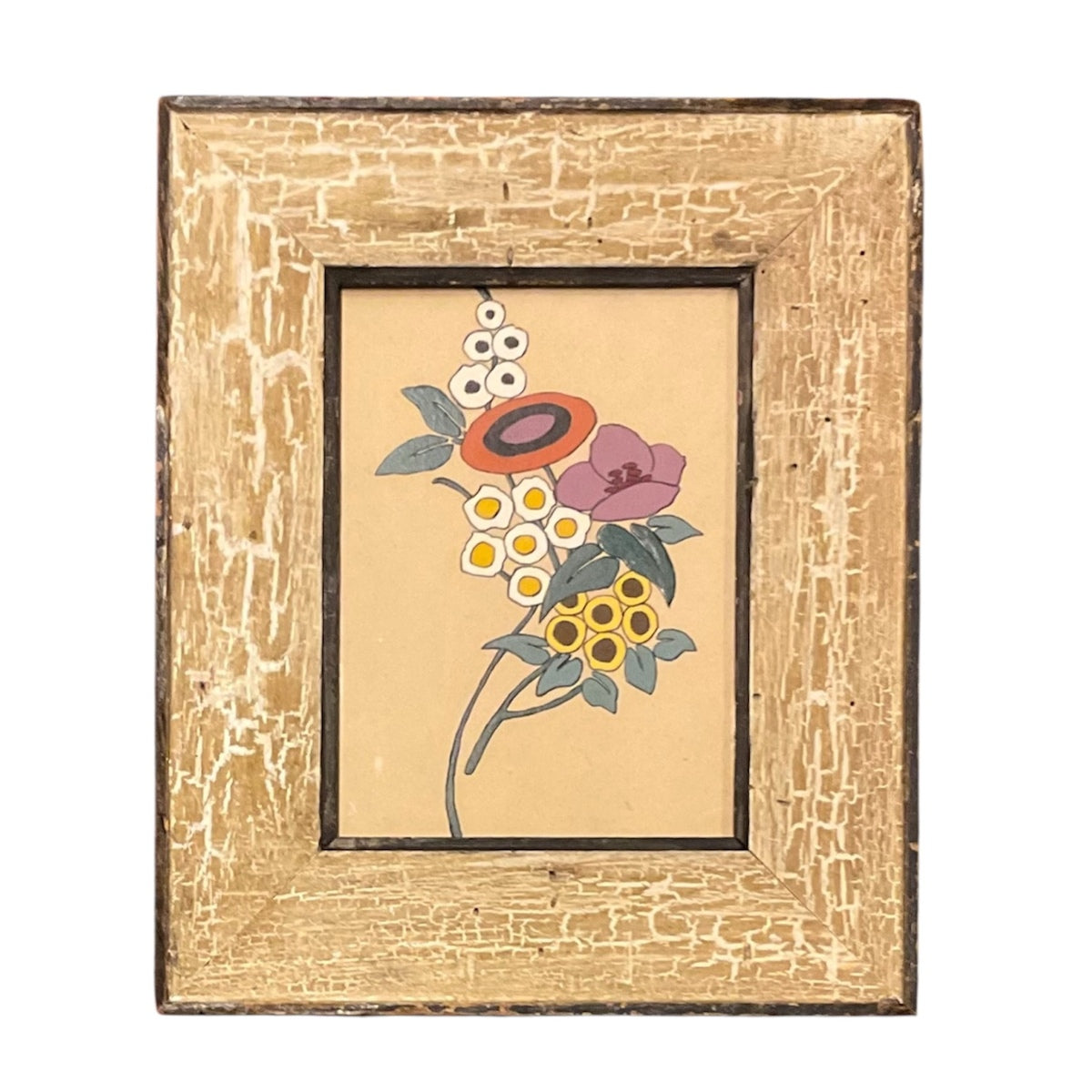 1940's Stylized Flowers Painting in Vintage Wood Painted Frame with Alligatoring