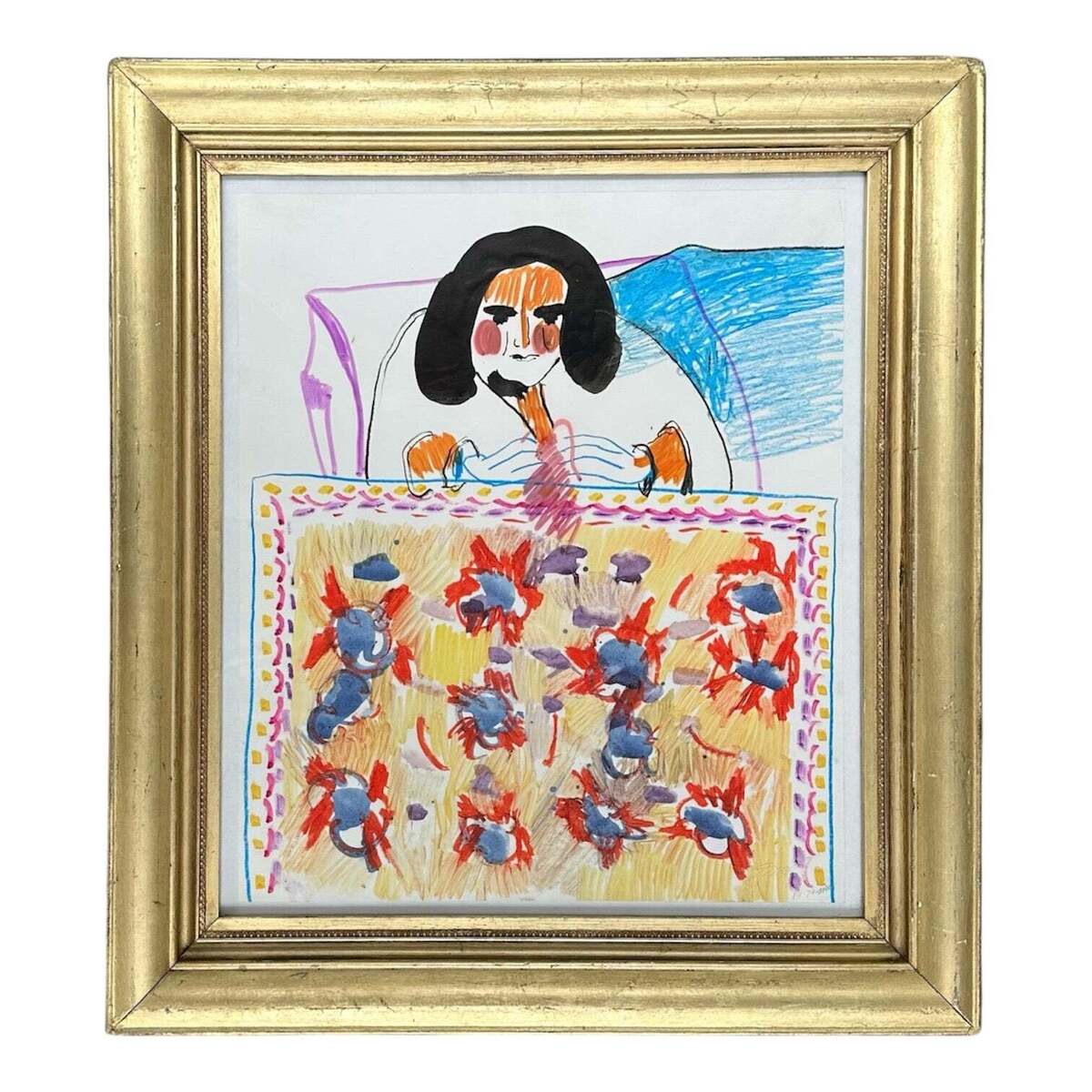 Colorful Painting of a Reclining Figure Under a Quilt in an Antique Gilt Frame