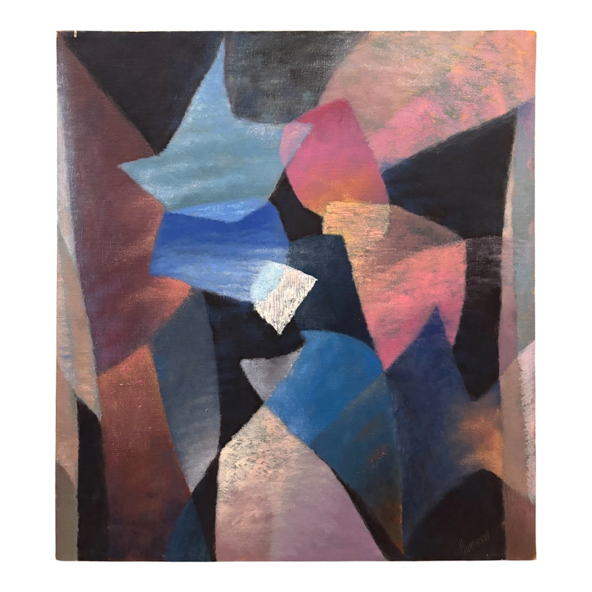 Moody Oil Painting of Faceted Forms in Cobalt and Dusty Rose