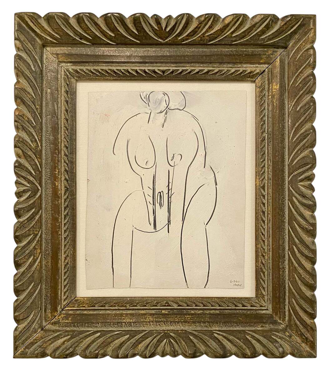 Drawing of Nude Figure Presented in Antique Carved Wood Frame