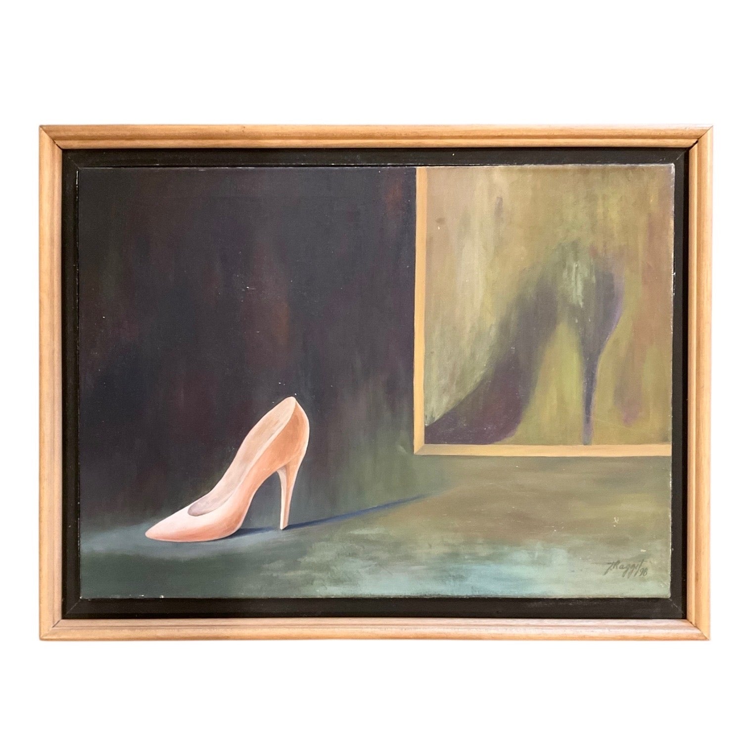 Surreal Oil on Canvas  Featuring Two High Heel Shoes in Light Wood Float Frame