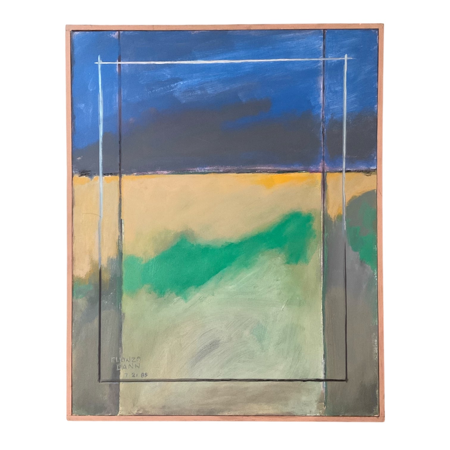 Minimalist Landscape in Greens and Blues in Original Painted  Wood Frame