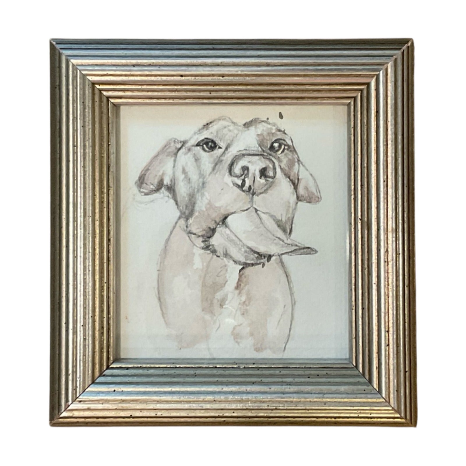 Watercolor Portrait of Sweet Dog in Vintage Silver Custom Frame