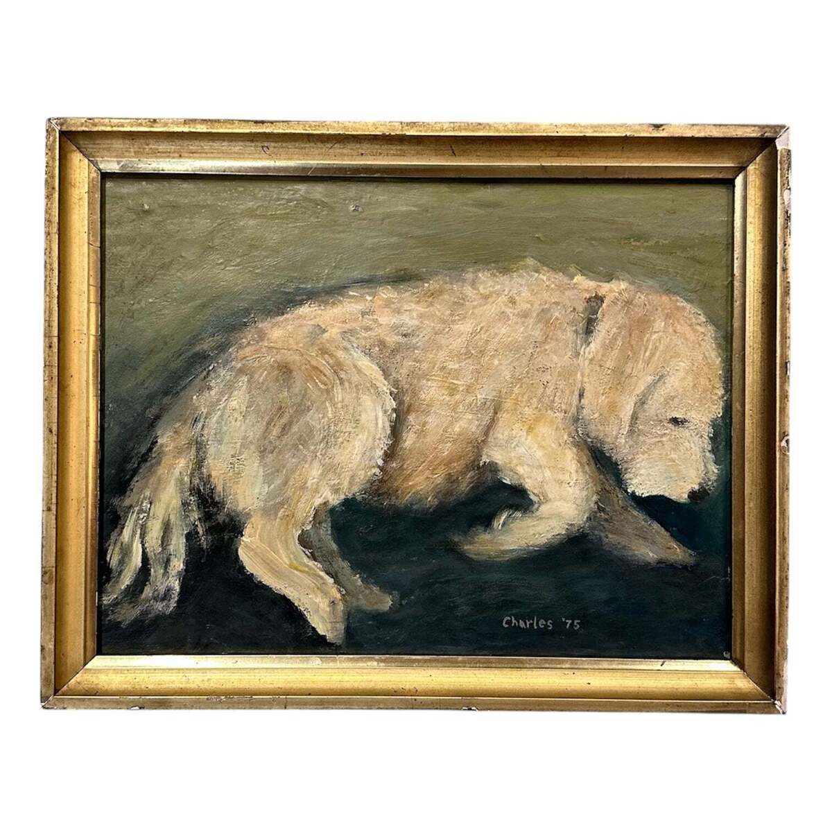 1975 Portrait of Pup at Rest in 19th Century Gilt Frame