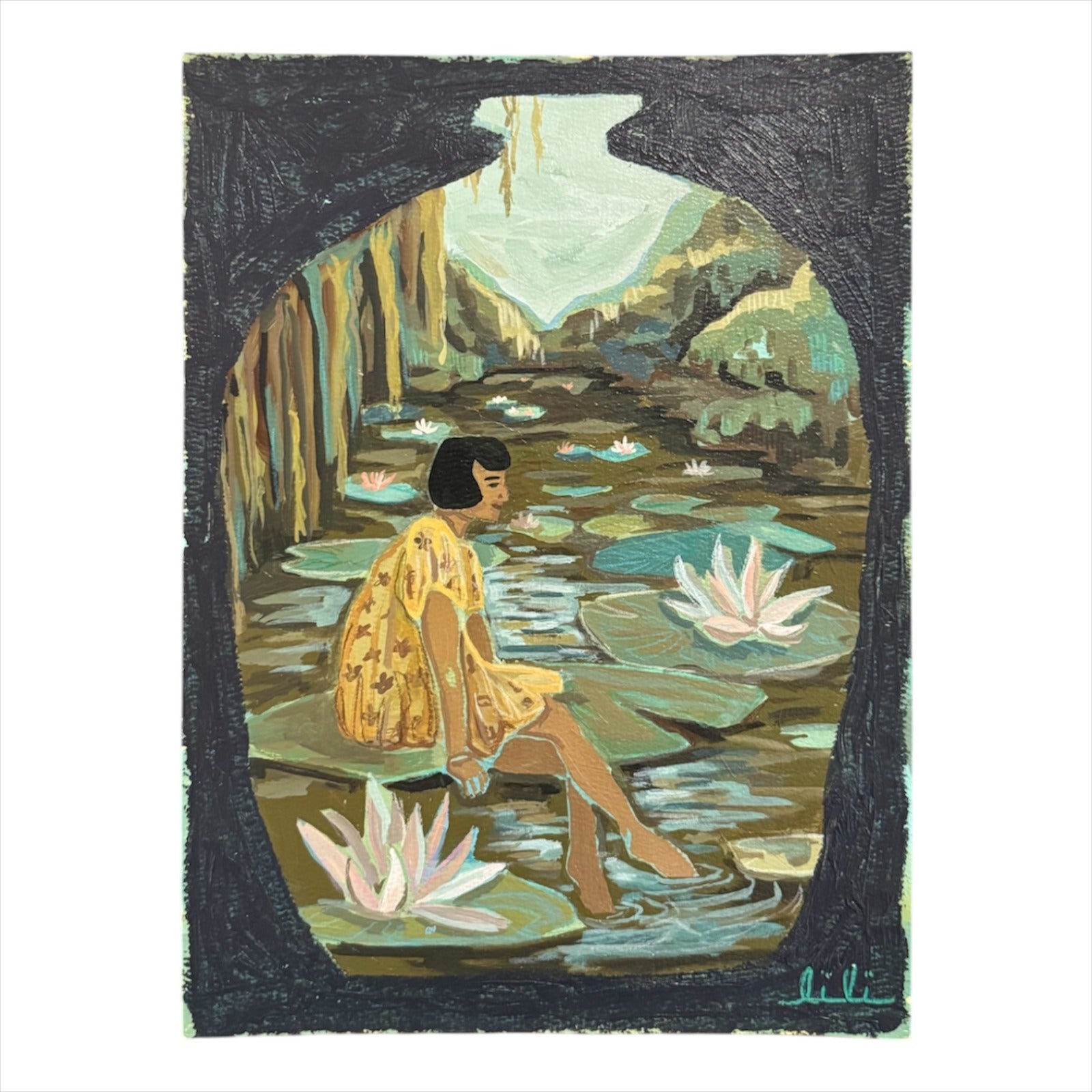 Oil Painting Seated Woman in Pond with Waterlilies Within Pottery Vessel Surround