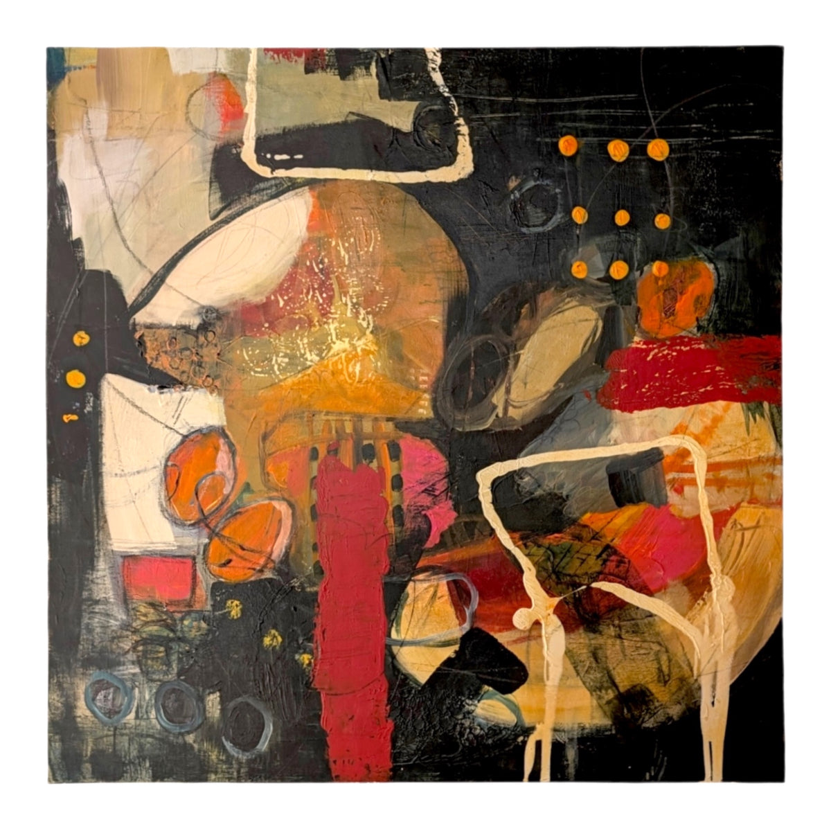 Dramatic Abstract Expressionist Painting with Abstracted Forms in Layered Black, Ochre and Red