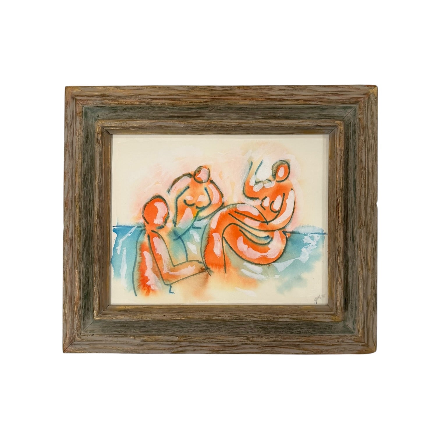Brightly Colorful Painting of Three Figures in Heavy Vintage Wood Frame
