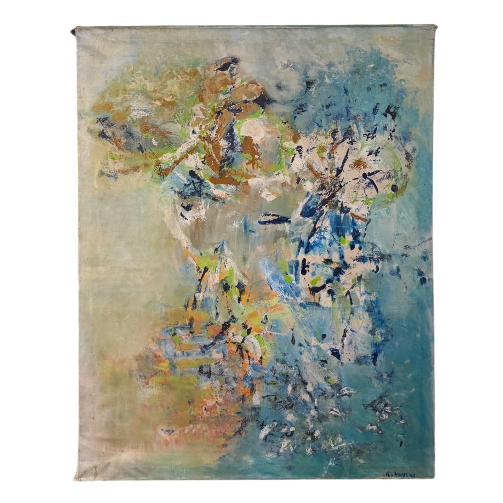 Large Abstract Expressionist Oil on Canvas in Aqua and Ochre