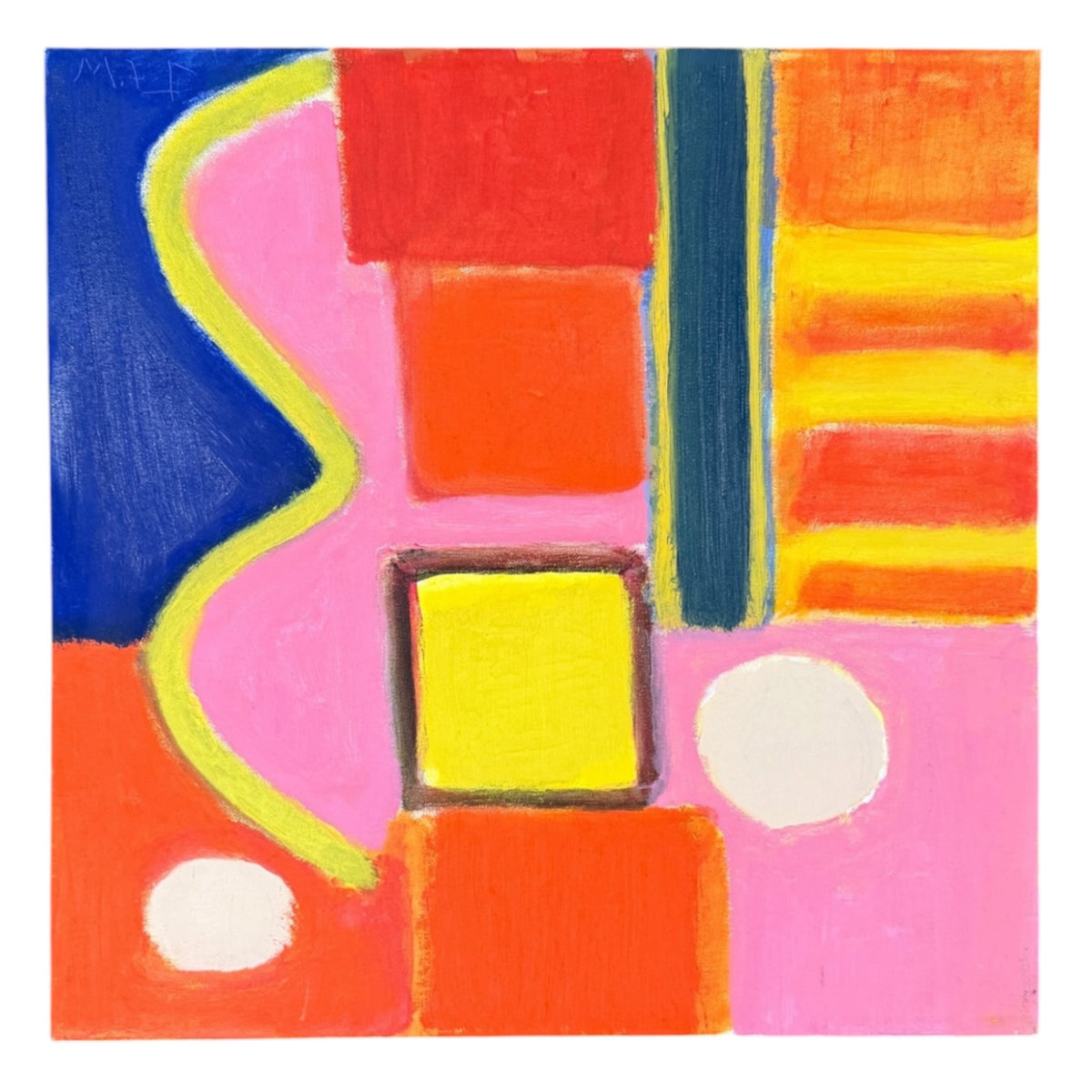 Brightly Colored Graphic Abstract on Canvas in Pink, Orange and Ultramarine Blue