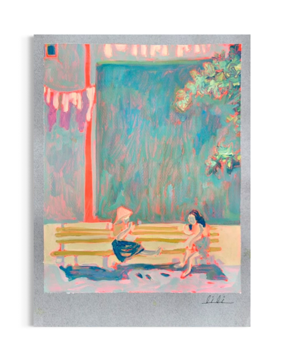 Two Women Sitting on Park Bench