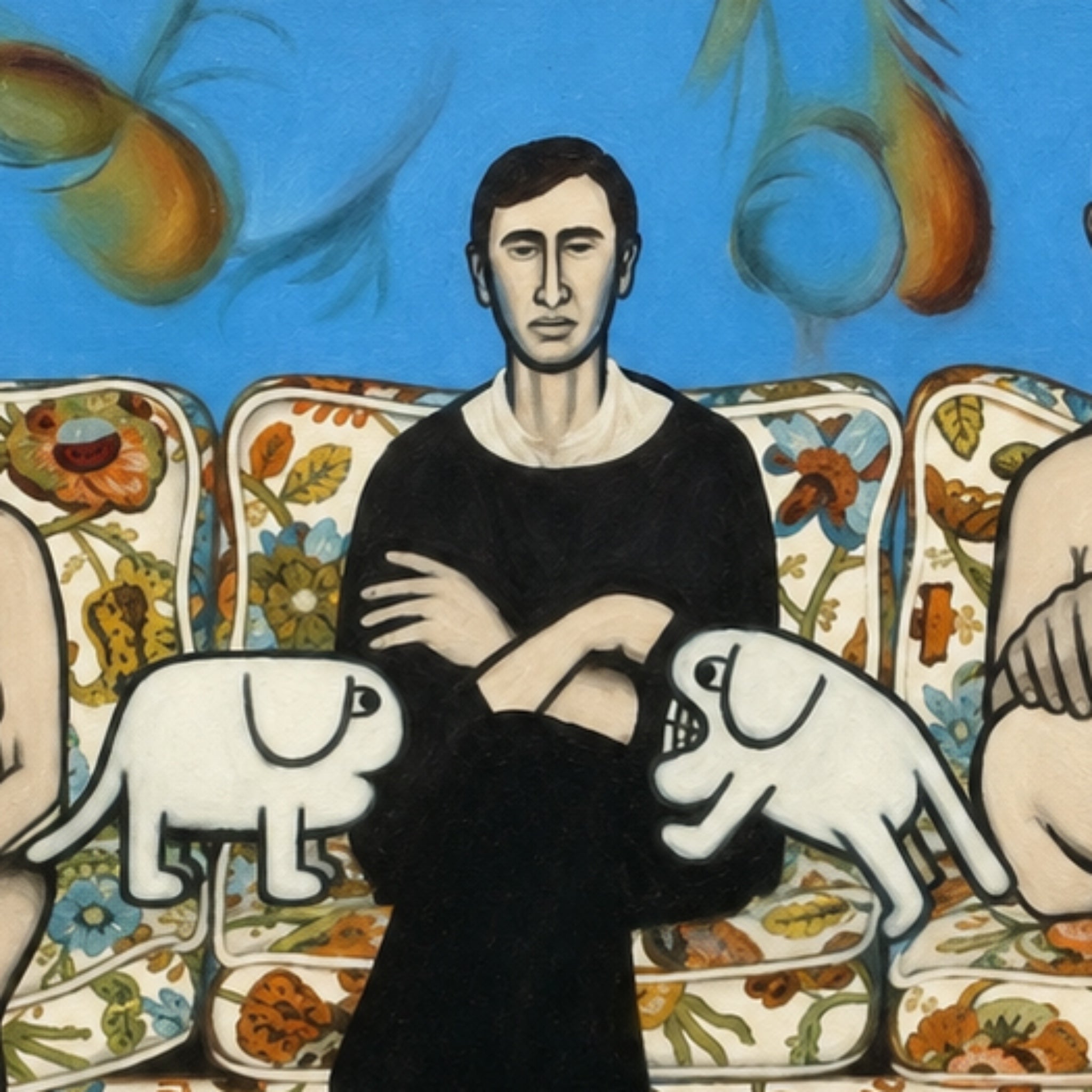 Monumental Painting of the Artist on a Sofa with Lyndon B. and Lady Bird Johnson