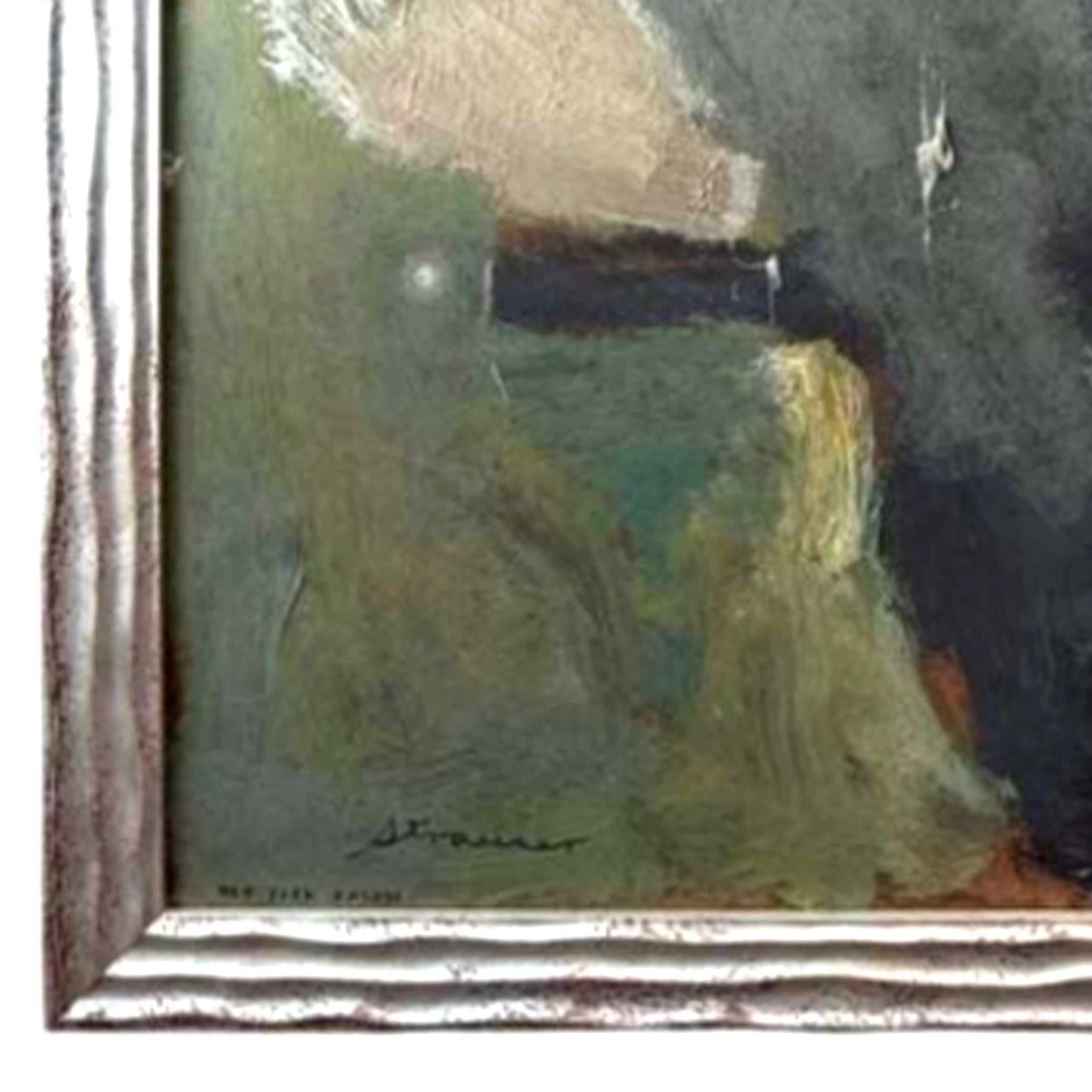 Reserved DF “New York Facade" Abstract Expressionist Painting in Carved Silver Leaf Custom Frame