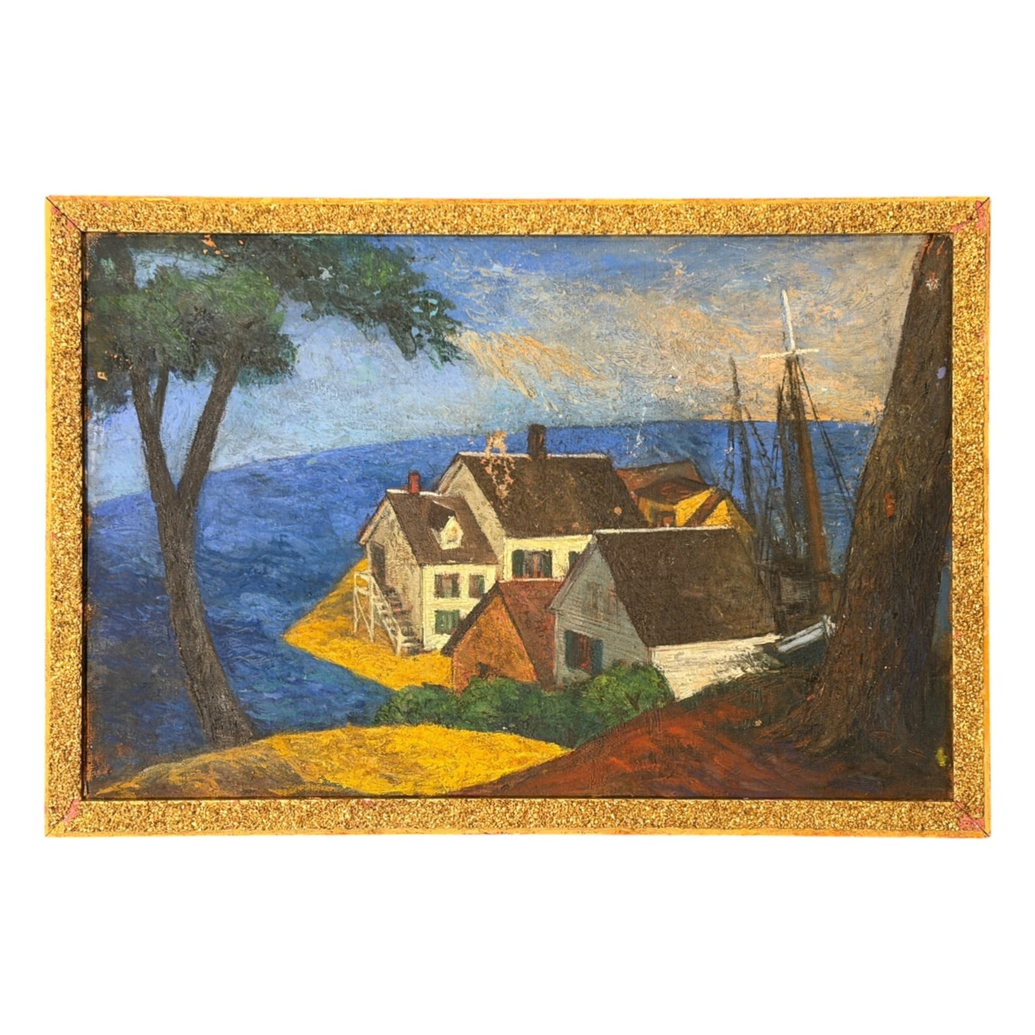 Painting of Provincetown Harbor Village in Antique  Textured Gold Frame