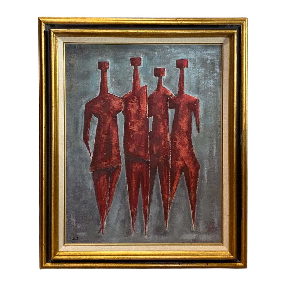 Mid Century Abstract Figurative Painting in Original Wood Frame
