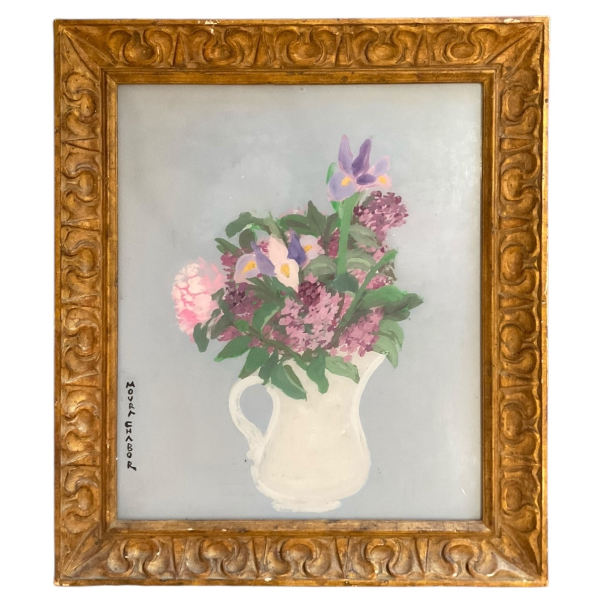 Pitcher of Flowers Against Powder Blue Painting in Antique Gilt Wood Frame