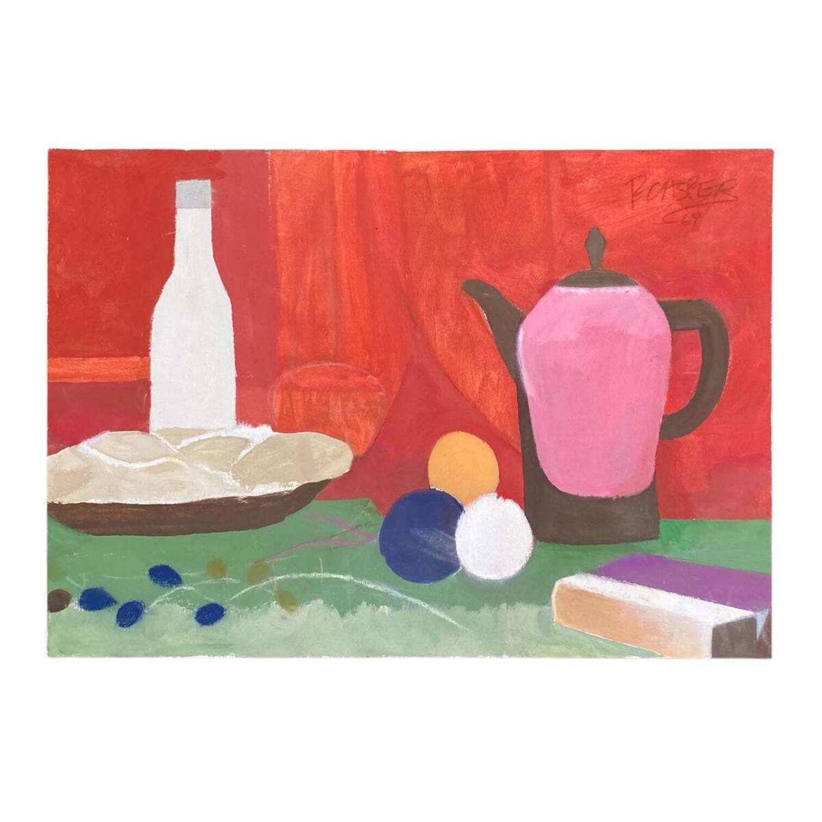 Delightful 1969 Still Life Tablescape with Pink Coffee Pot