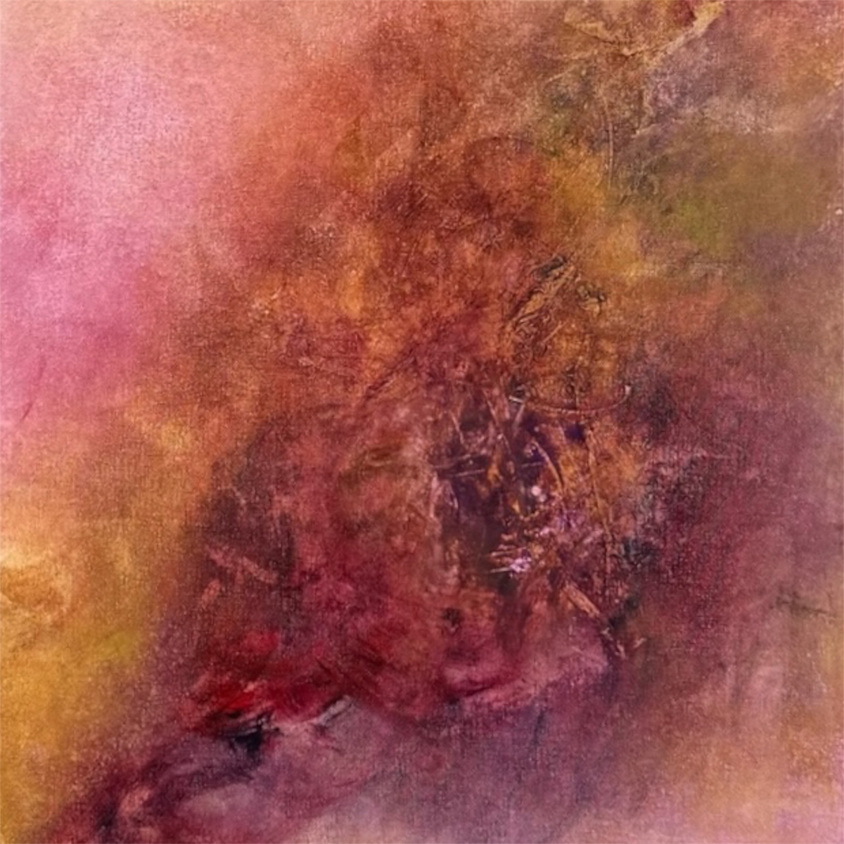 Ethereal Abstract in Pinks and Yellows with Juxtaposed Upright Monolithic Shape  in Black