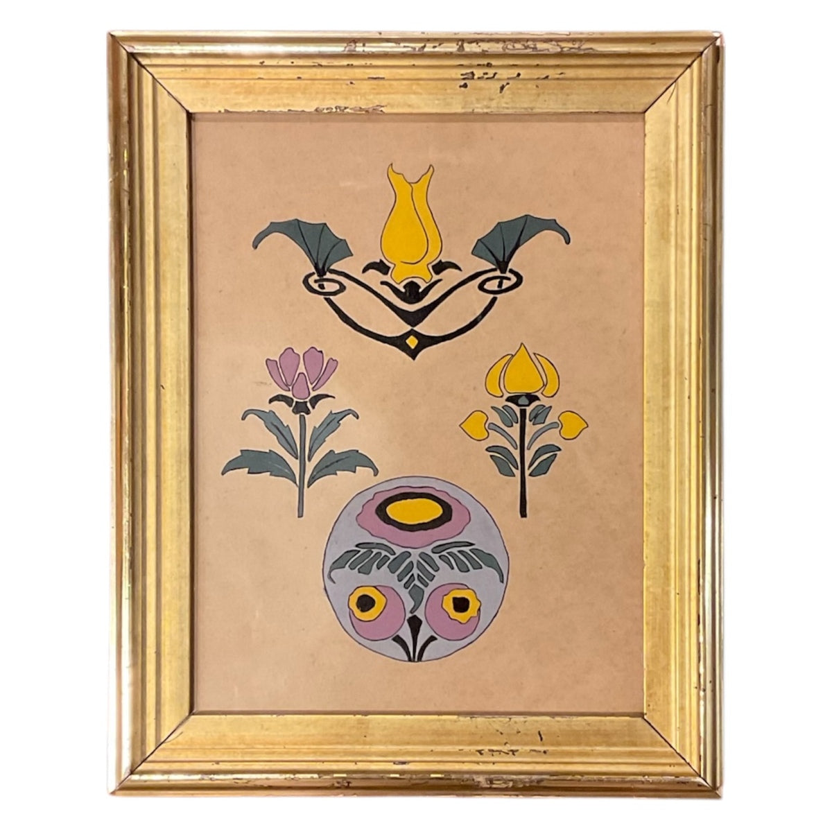 1940s Stylized Floral Painting in a 19th Century Gilt Frame