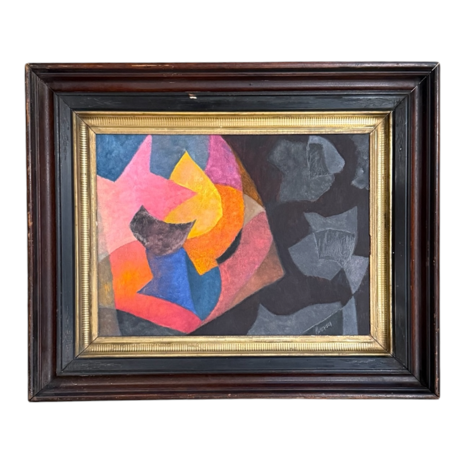 High Contrast Painting with Geometric Fragmentation in Heavy Antique Gilt and Wood Frame